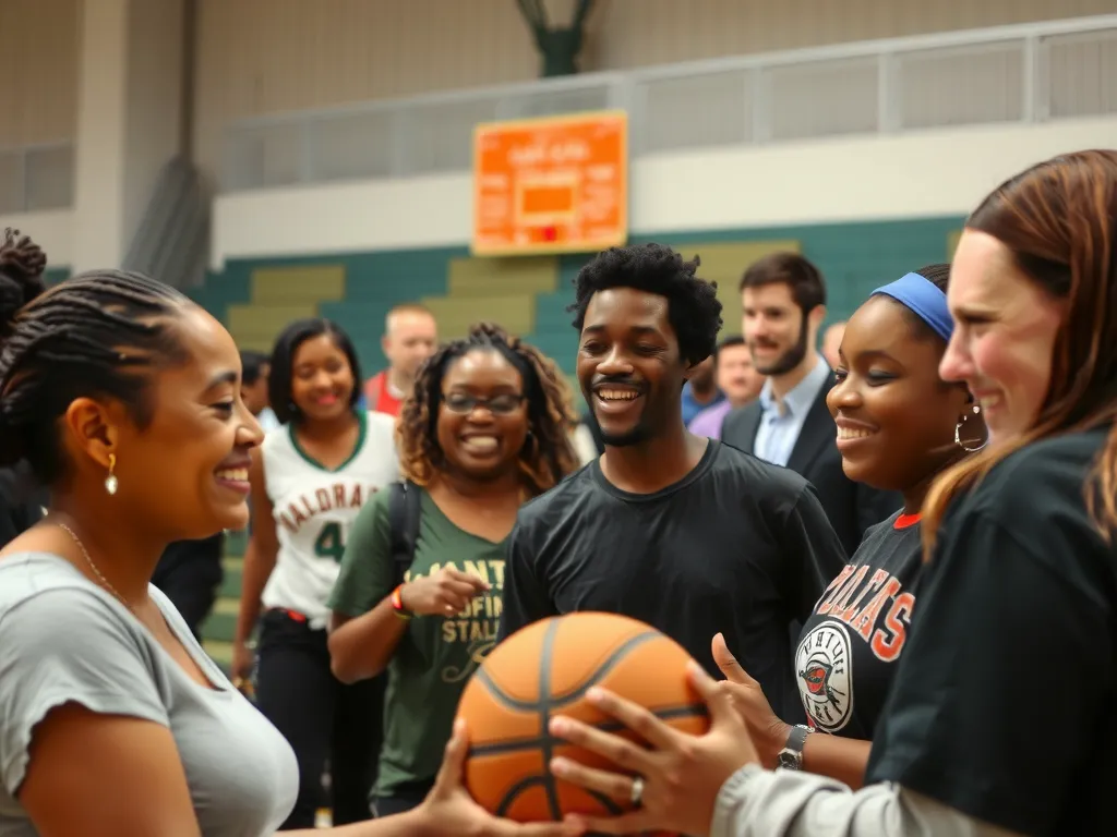 Engagement through basketball events, community members interacting at a casual game, smiling faces, diverse participation, photorealistic, professional photography