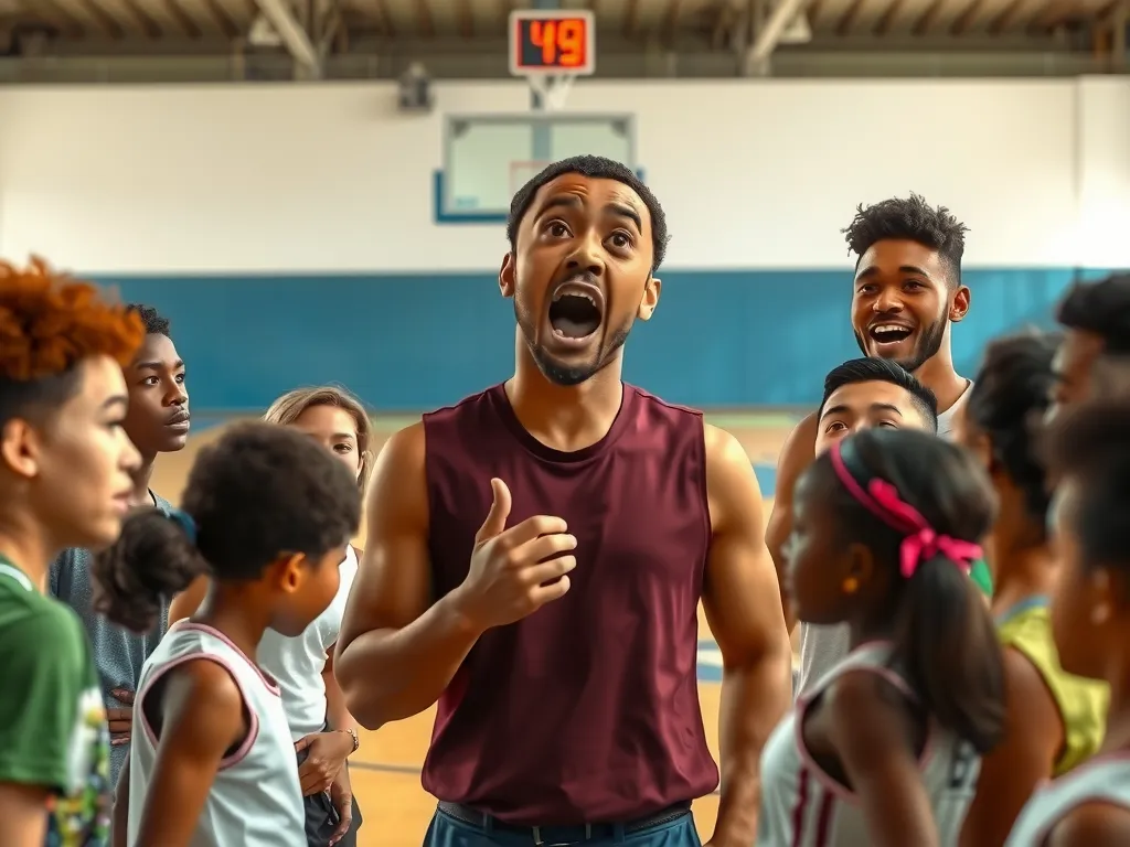 Passionate basketball leader talking to community members, diverse group, animated expressions, basketball court in the background, photorealistic, high quality, natural lighting