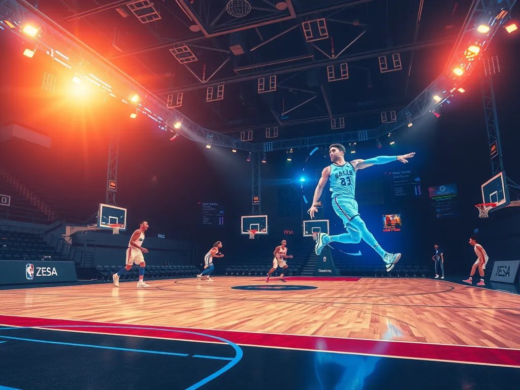 Photorealistic action shot of a basketball court with AI-overlay visual effects, showing holographic data and player enhancement analytics, vibrant lighting