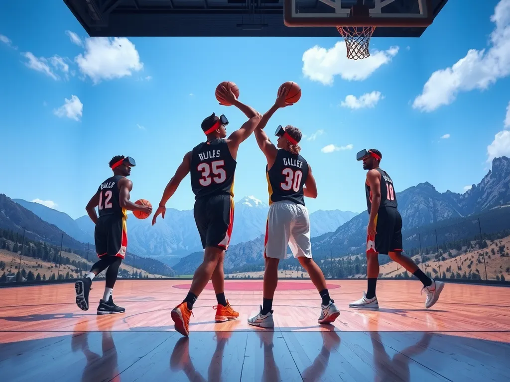 Artistic representation of basketball players training in a virtual reality environment, enhanced with augmented reality cues, immersive digital landscape