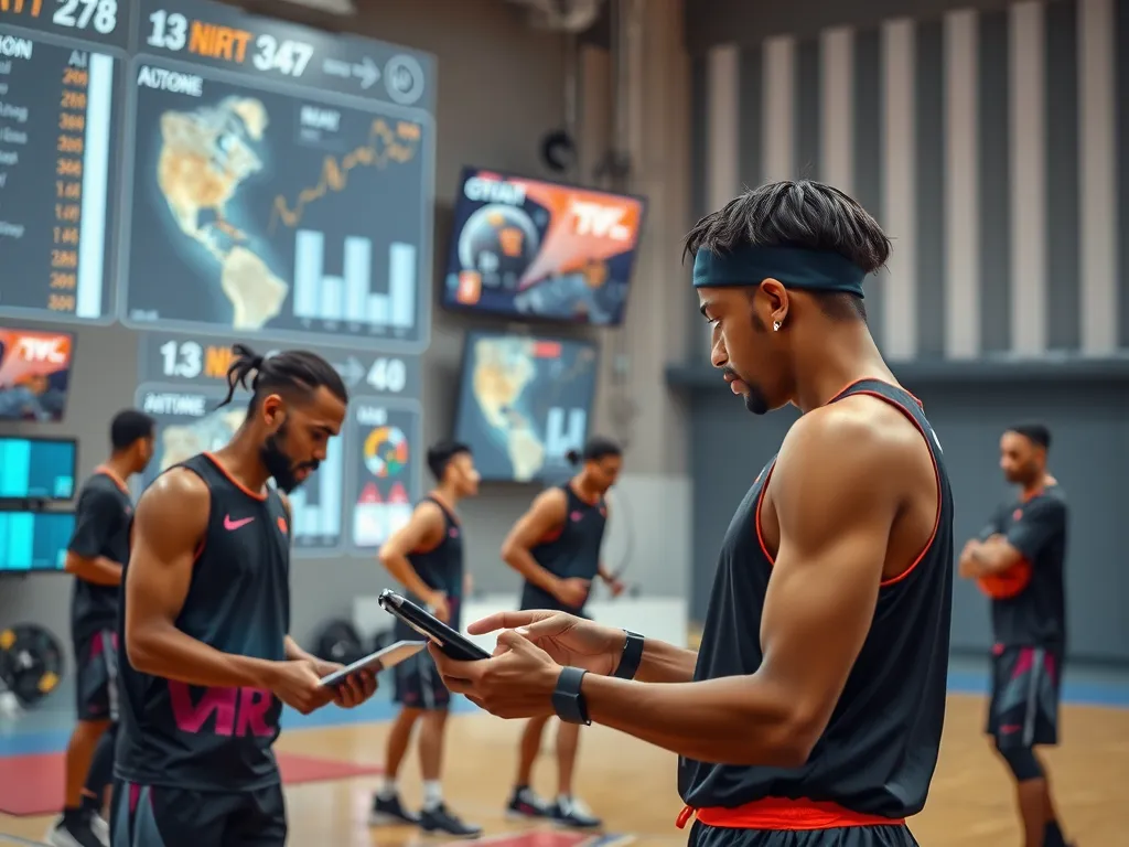 Modern basketball training scene depicting advanced technology, AI integration, and data analysis; futuristic gym setup with athletes using wearables, tablets, and digital displays showing player statistics and performance metrics, photorealistic, high quality, professional lighting