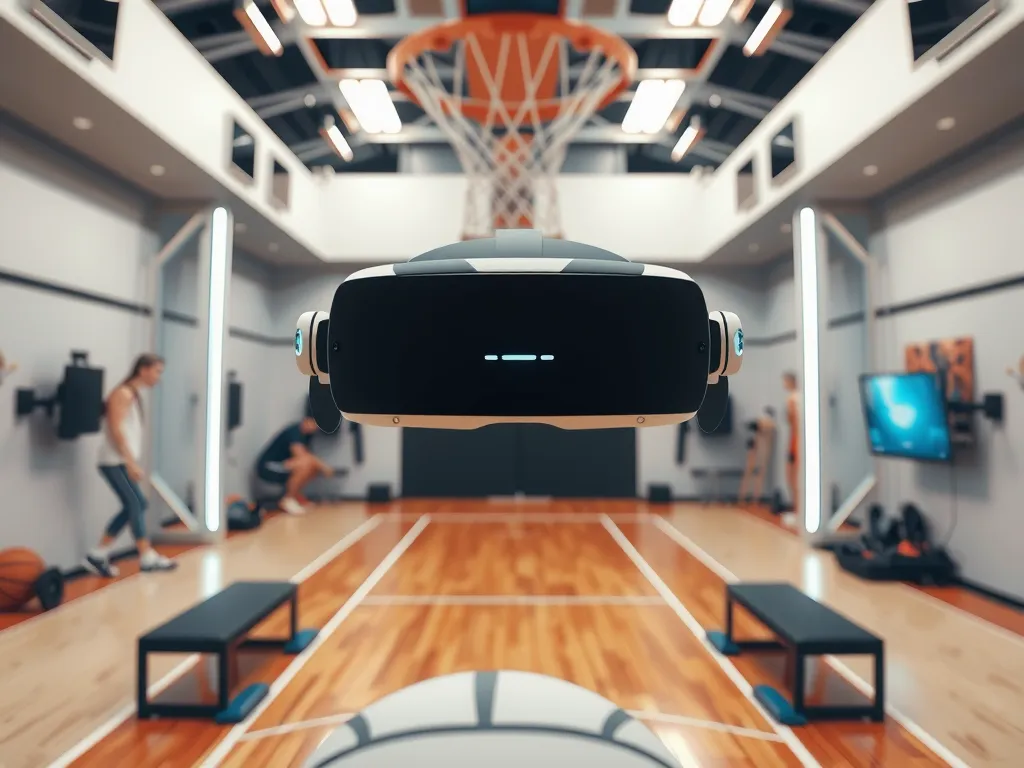 Close-up of advanced basketball training tools: wearables, sensors, and virtual reality gear, in a sleek and futuristic sports science lab