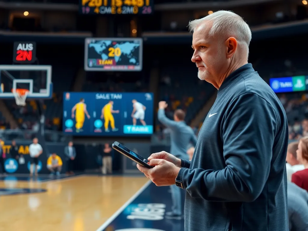 Dynamic image of a basketball coach using a tablet on the sidelines with virtual data visualization, showing team and individual player analysis, late-game strategizing using AI