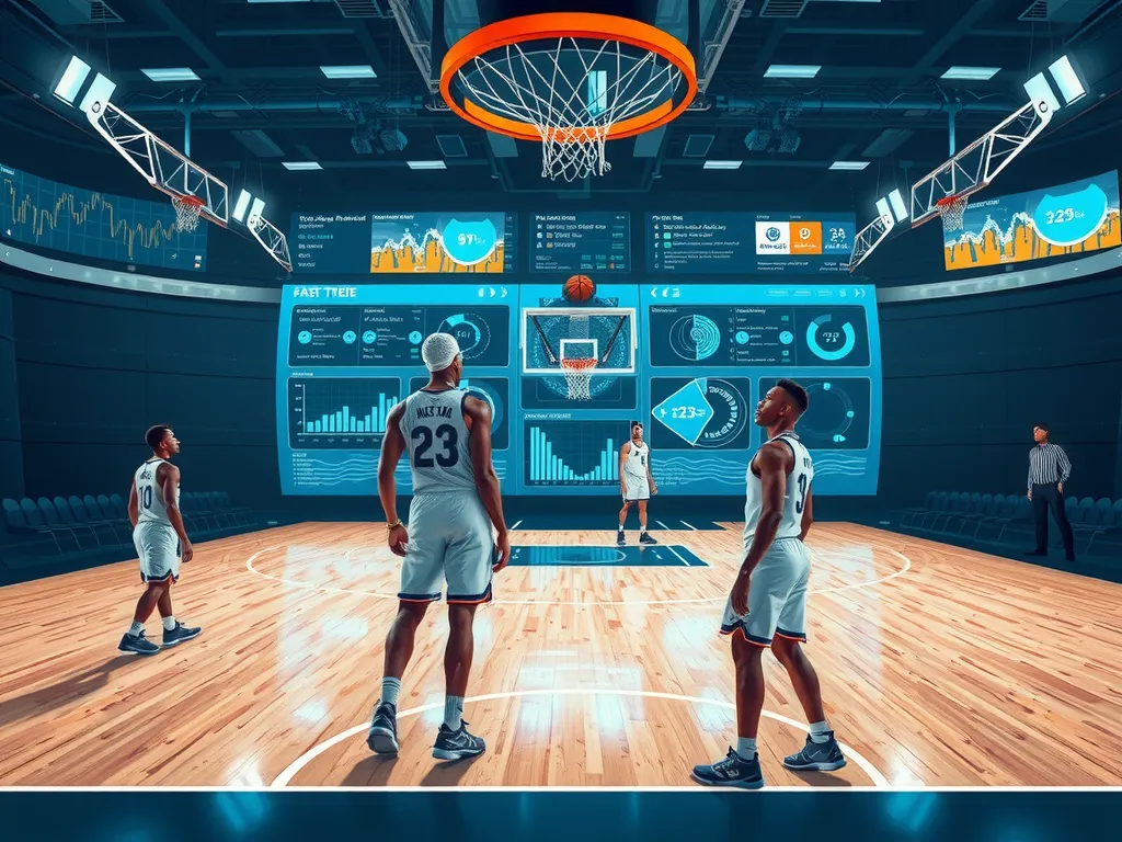 Futuristic basketball game simulation with AI-generated data visualization, digital models of players and strategic overlays, blending realism with technology