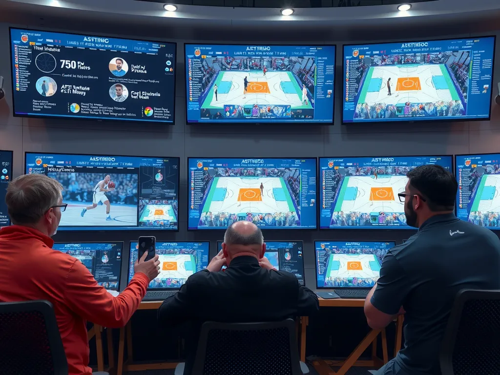 Multiple screens displaying basketball video analysis and AI-generated strategies, coaches and analysts in a modern lab setting, focused and intense atmosphere