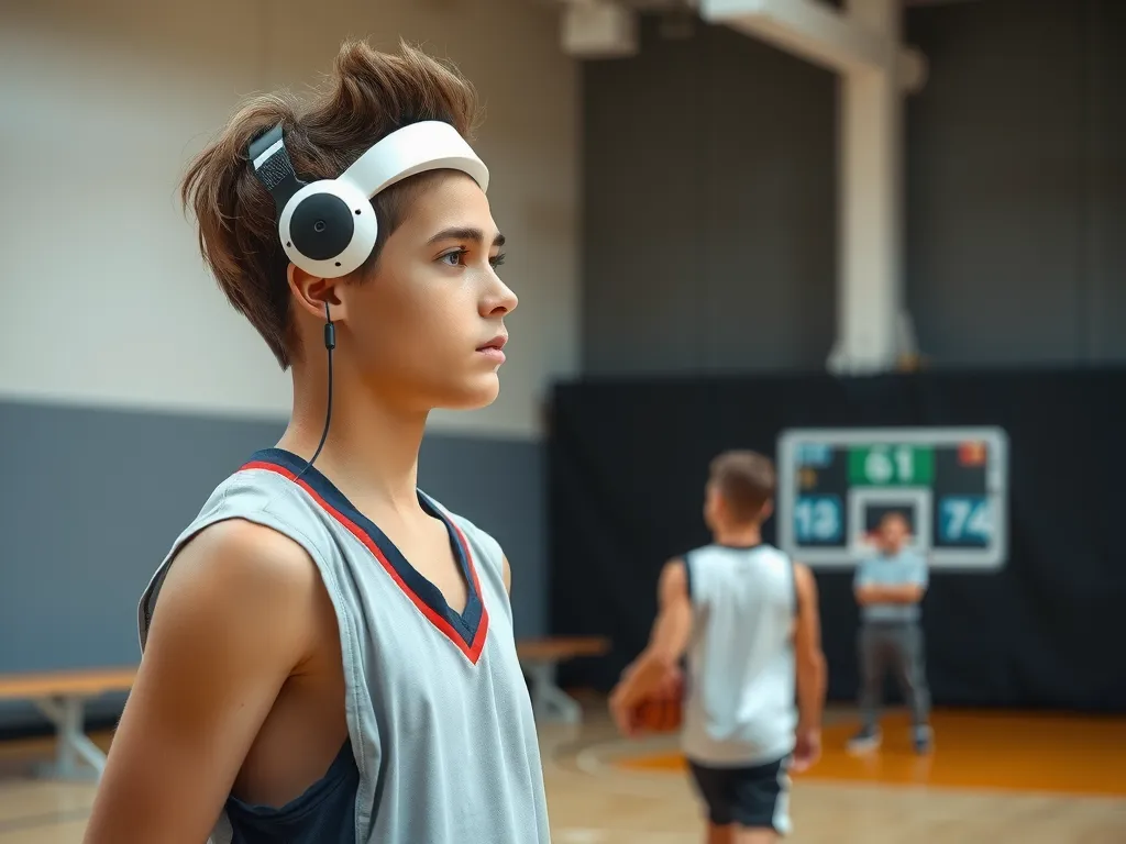 Young basketball player in a training session with virtual coach assistance, sensors tracking biomechanics and providing real-time feedback, focused on personal development