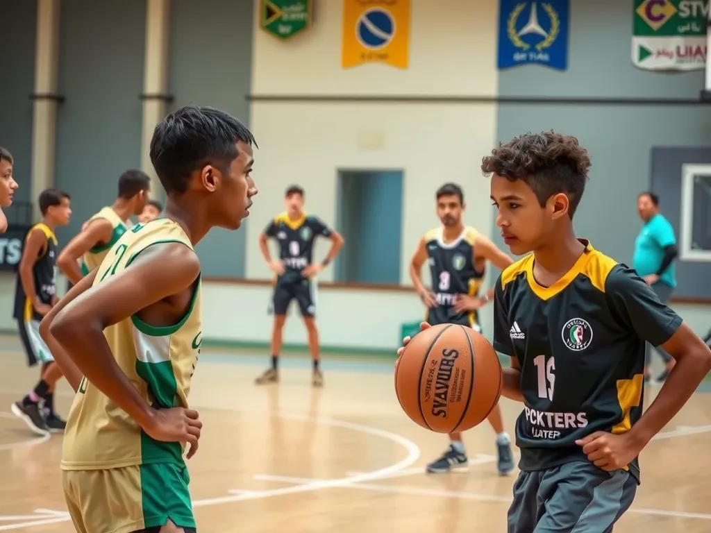 Basketball training camp scene with diverse youth from MENA region, focused on skill development