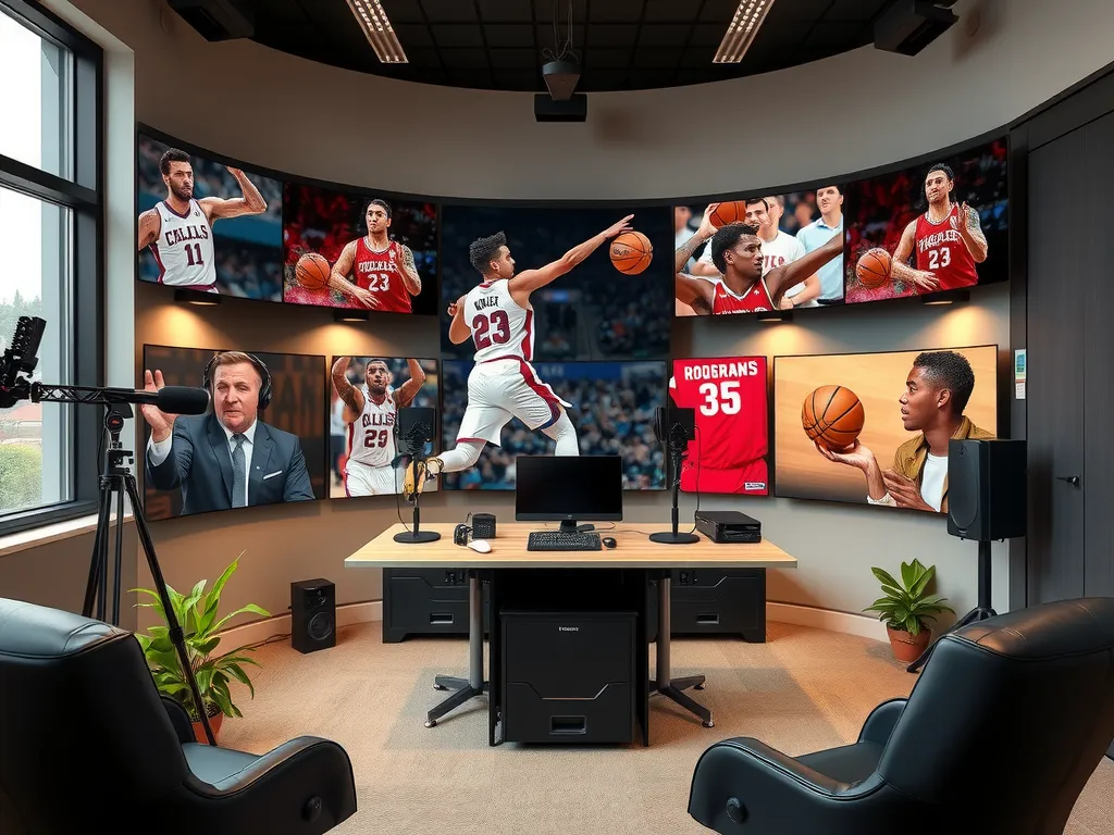 Digital media room with streaming devices, podcasts, and basketball highlights, professional and modern style