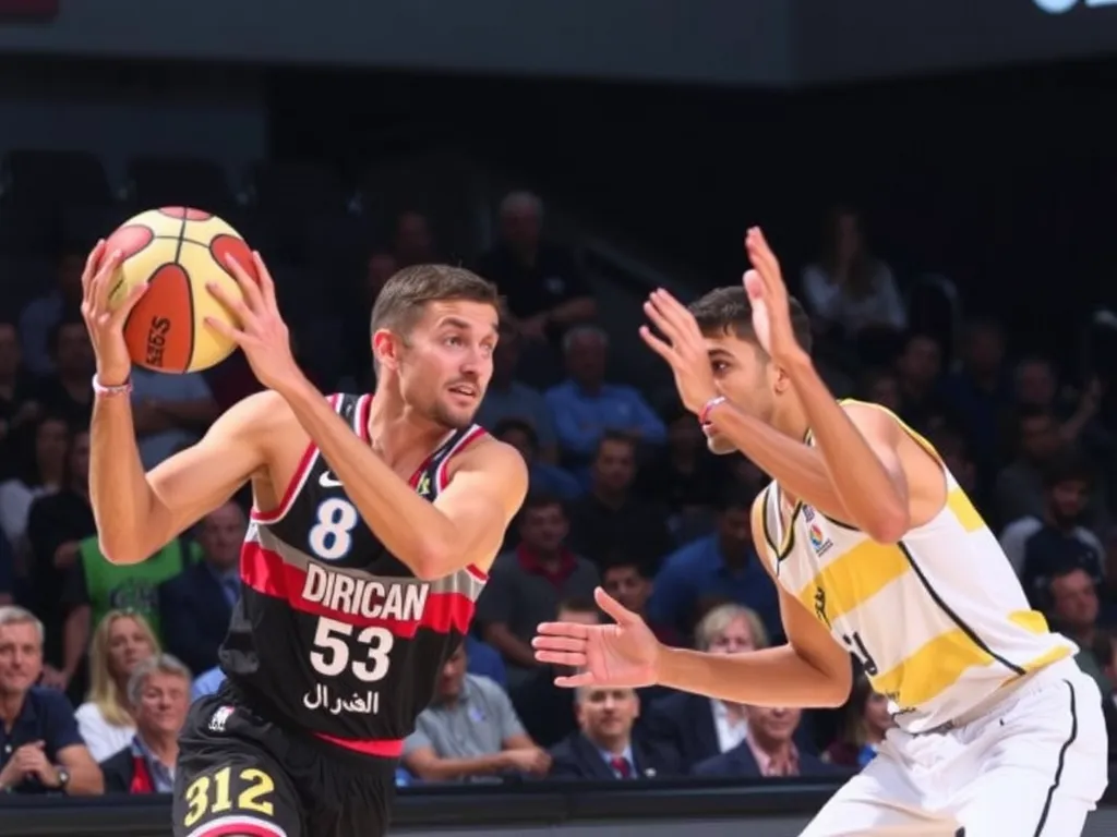 Dynamic basketball action shot featuring Anas Mahmoud and Wael Arakji, engaging audience, spotlight effect