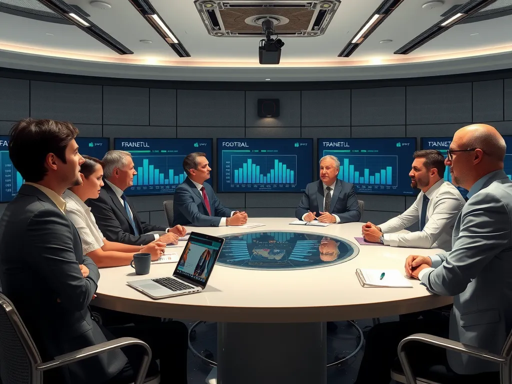 Boardroom discussion with football executives and analysts, futuristic setting, strategic planning with data visuals