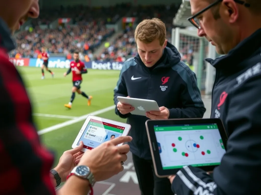Coaches using tablets with tactical data during a football match, focusing on strategy and team dynamics