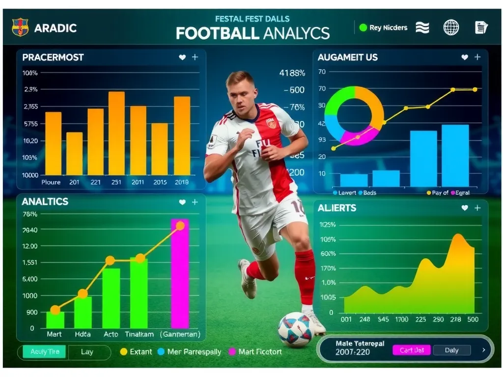 Digital representation of football data analytics, including graphs and figures, vibrant colors, high-tech interface