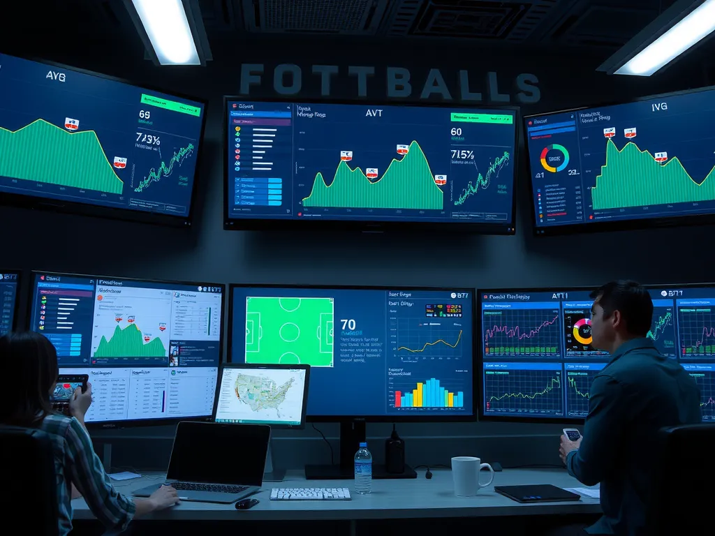 Football analysts working in a modern analysis room, surrounded by multiple screens displaying player metrics and match statistics