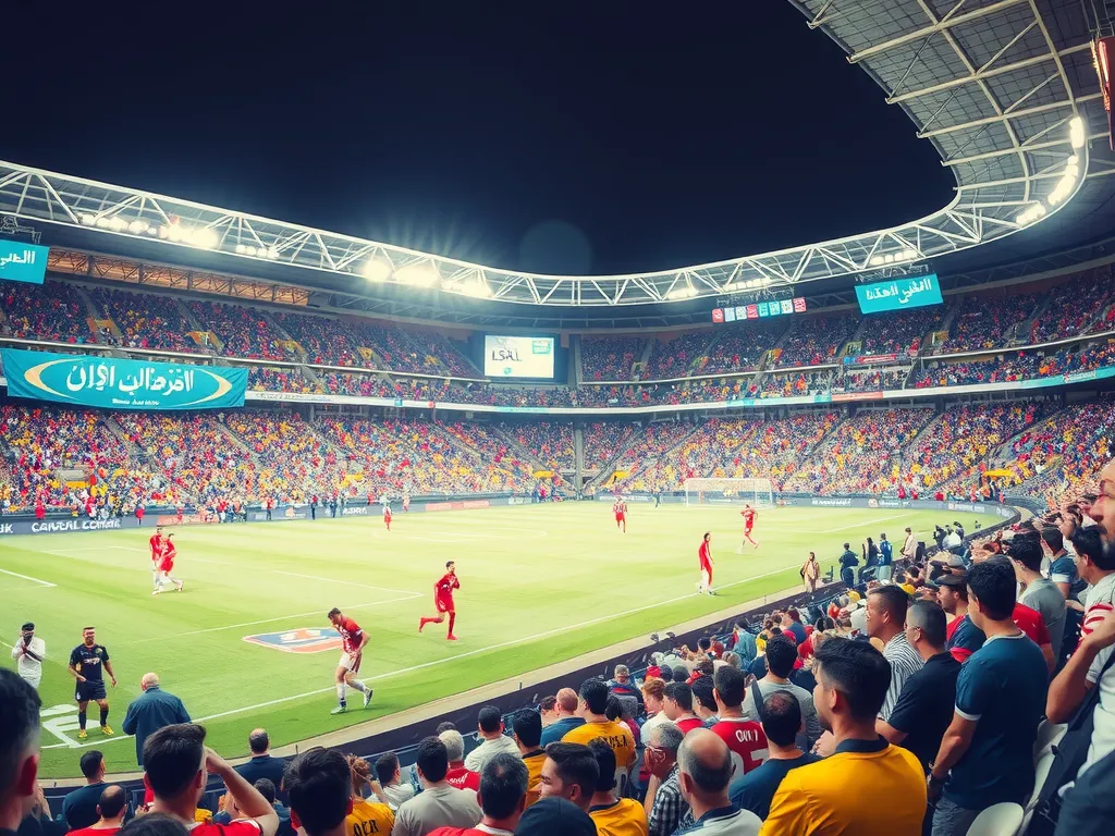 Football match in an MENA region stadium, diverse crowd, showcasing modern infrastructure and technology