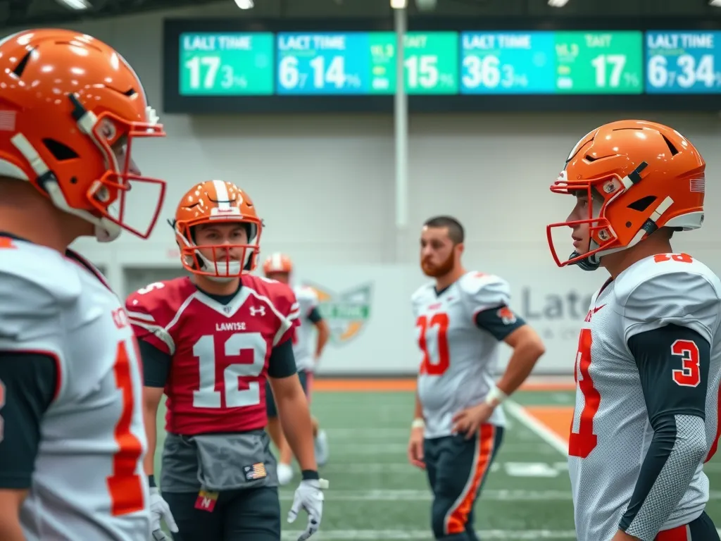 Football players with wearable technology during practice, showing data screens with stats and performance metrics, modern training facility