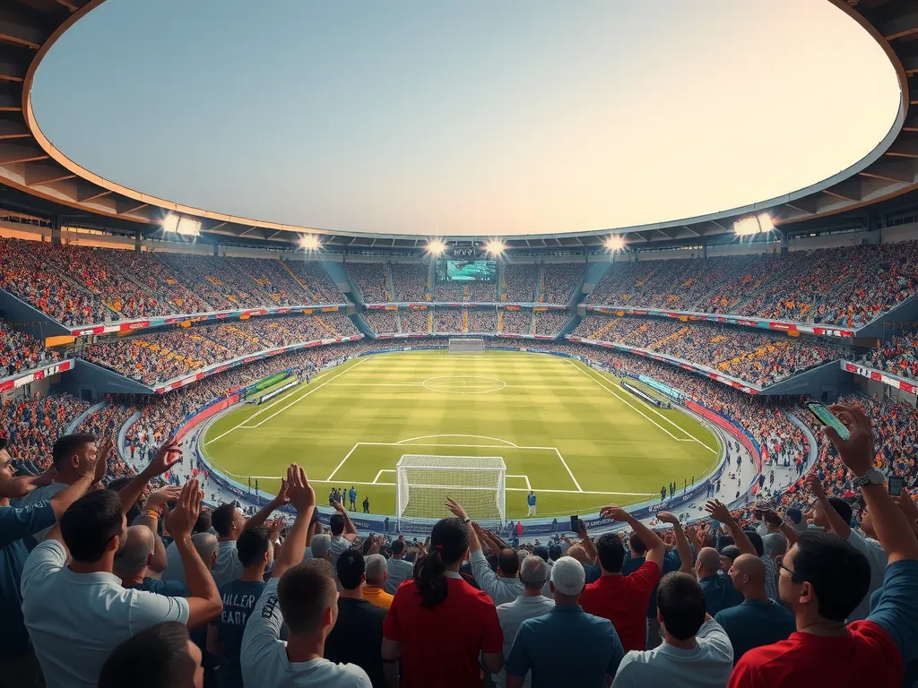 A futuristic football stadium in the Middle East, integrating cutting-edge technology and analytics, surrounded by enthusiastic diverse fans, photorealistic, high quality, evening setting with stadium lights on