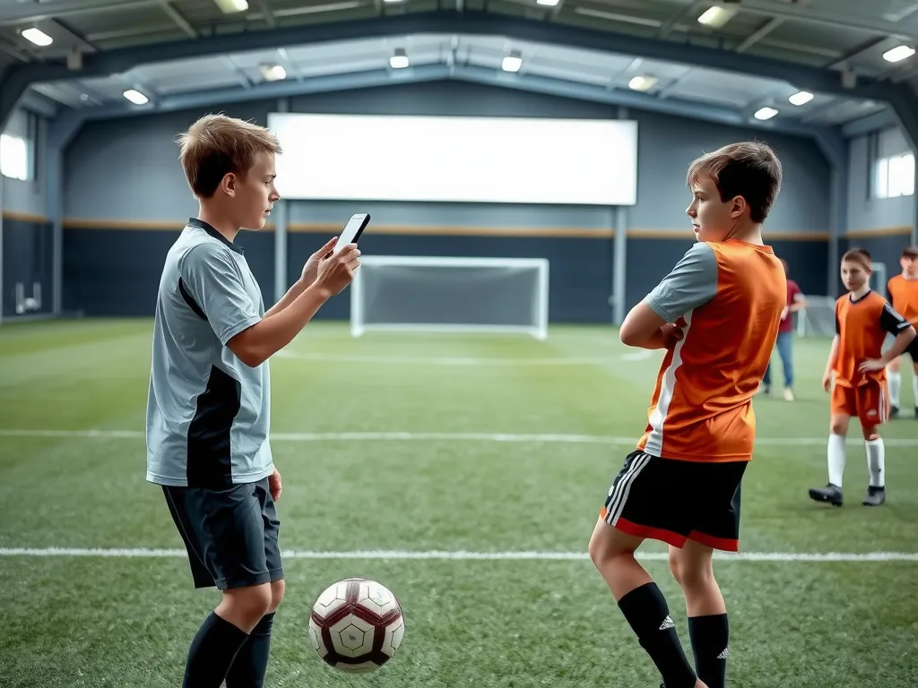 Young football prospects training with digital assistance tools, in an advanced sports facility embracing data