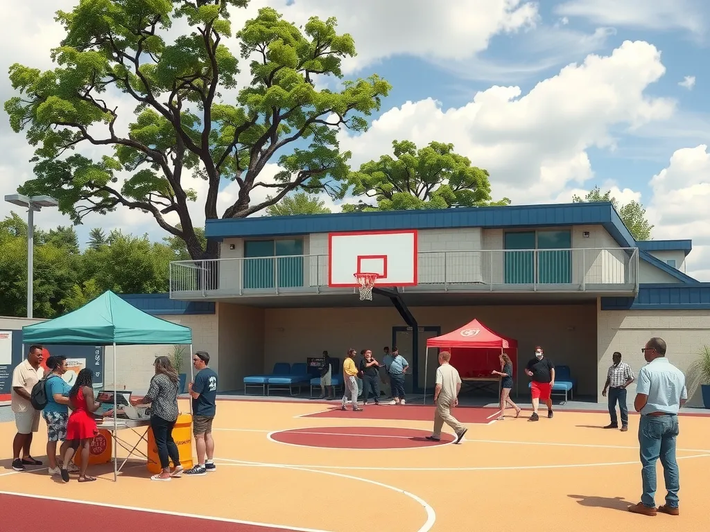 A community basketball court transformed into a bustling local economic hub with vendors, fans, and small businesses interacting on game day, photorealistic, high quality