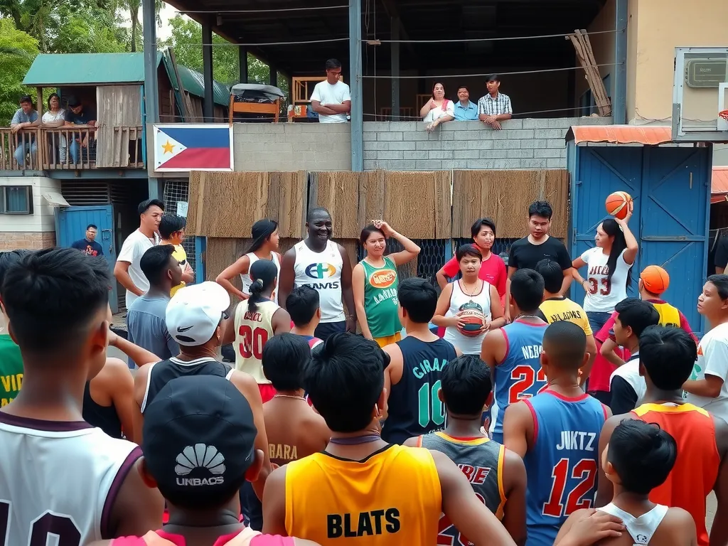 Filipino basketball fans gathered around a community court, showing diversity and local culture, including improvised backboards and vibrant social activity, photorealistic, high quality