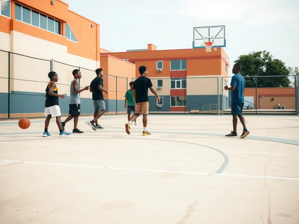 A group of young players practicing on a clean, newly renovated basketball court, highlighting community investment and support for grassroots programs, photorealistic, professional lighting