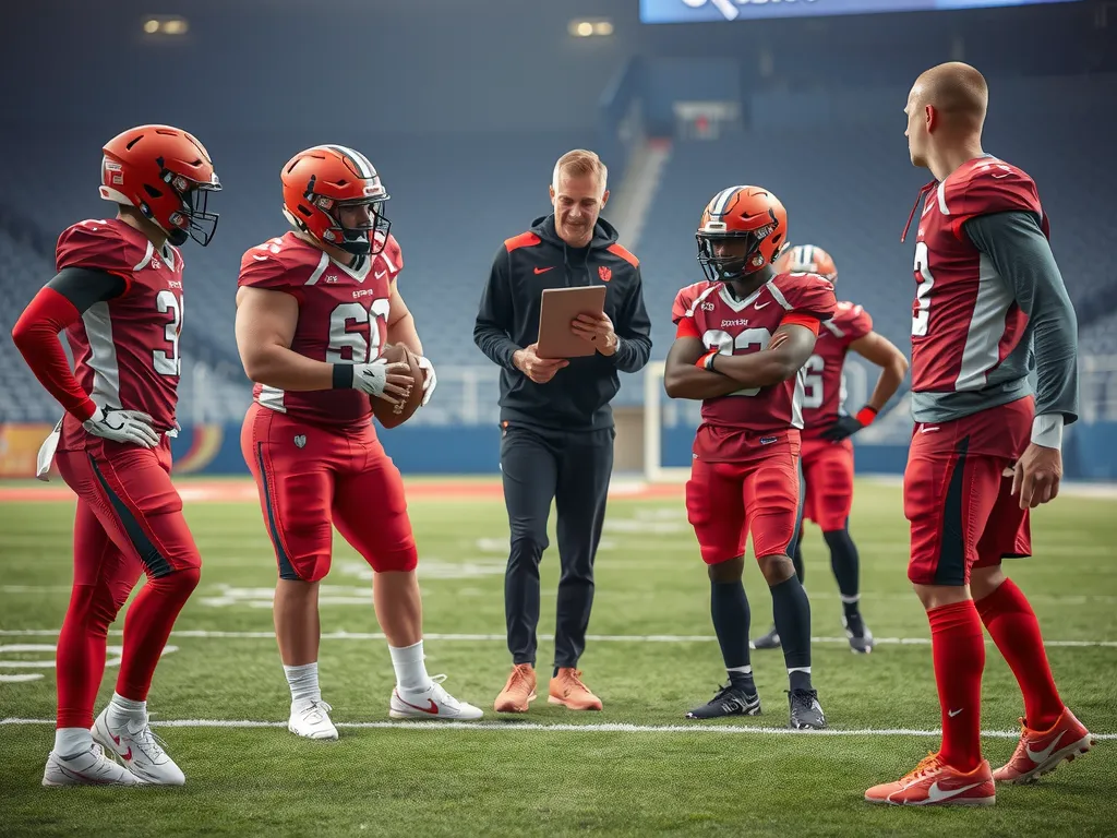 Professional football coach discussing strategy with players on a modern field, high quality, professional lighting, sports setting, team dynamics, strategic planning