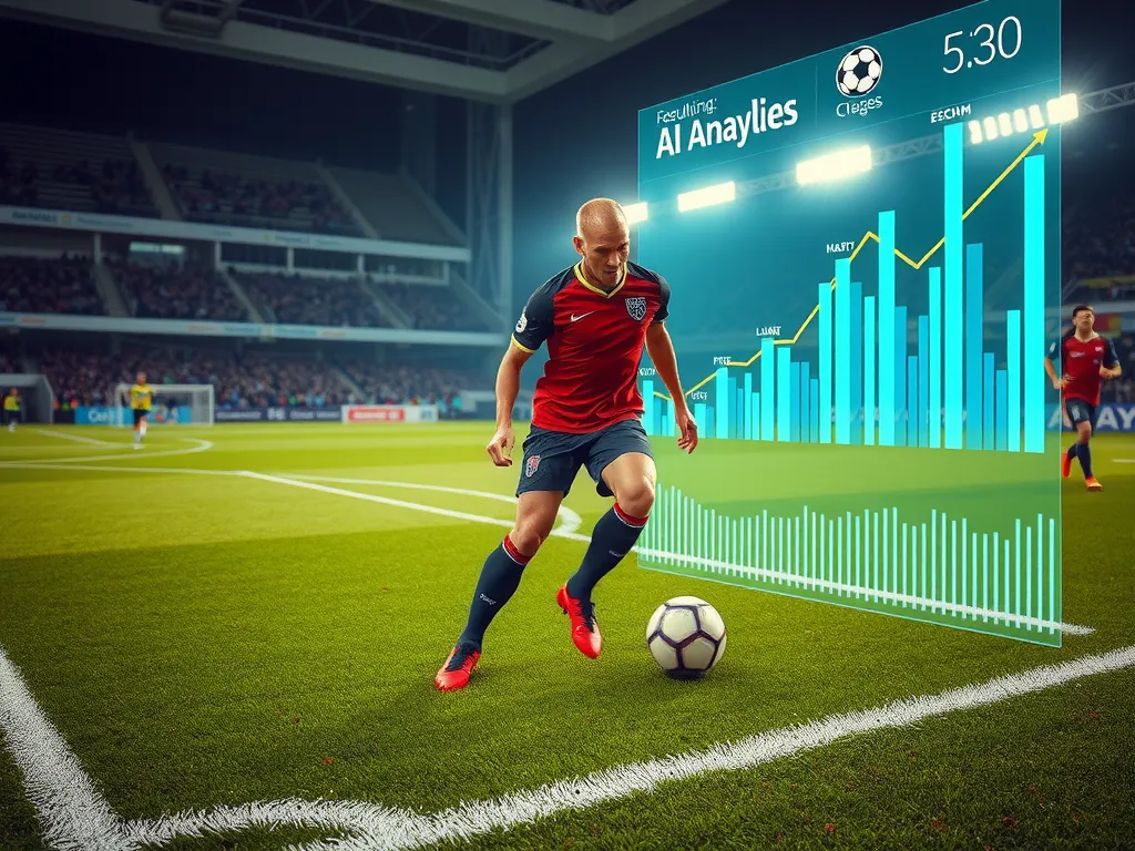 High-quality image of a football pitch with digital analytics overlay, illustrating AI football player performance analytics, professional lighting, modern sports technology environment