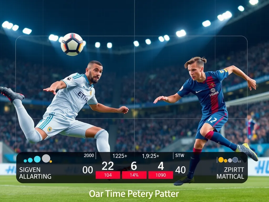 Real-time football match tracking system with AI technology, capturing player movements and performance metrics, high-tech sports environment