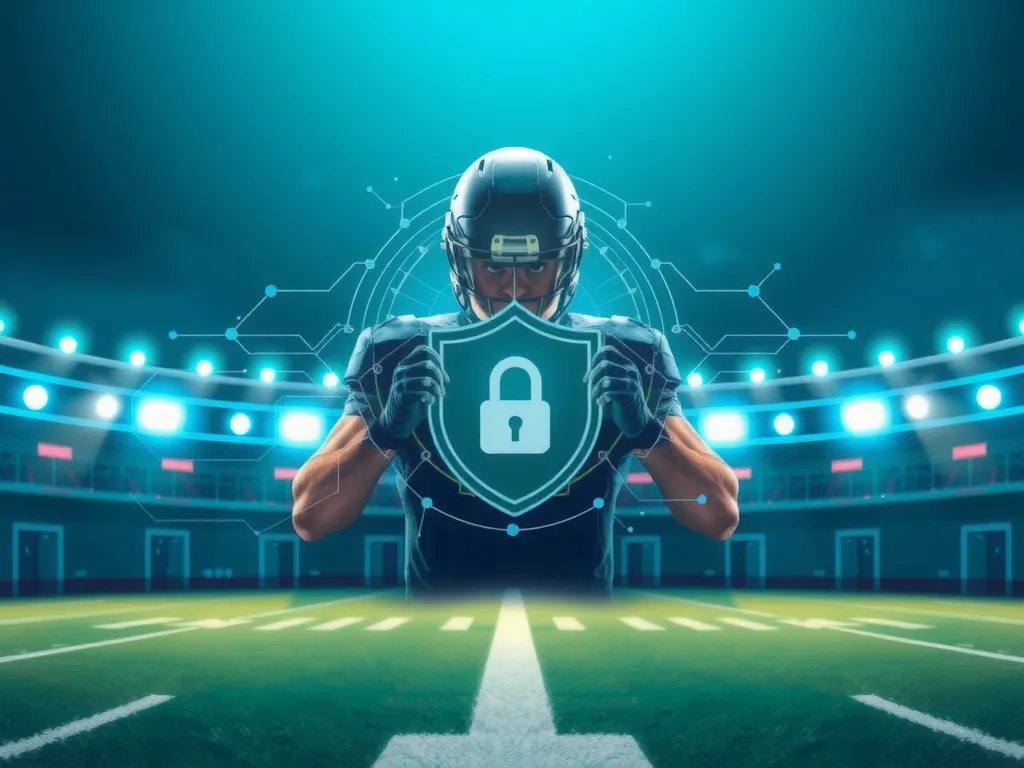 Secure digital data protection concept in sports, showing cyber security measures for player data, futuristic and professional