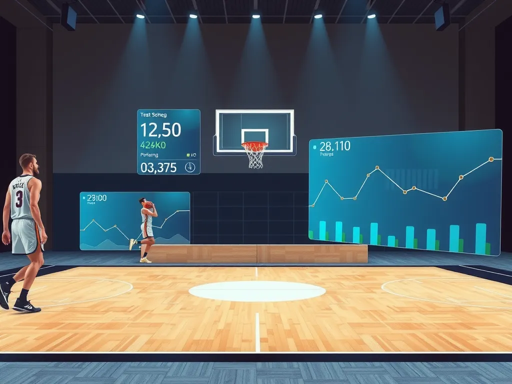 Basketball court with AI analytics graphical overlays showing player movements and key performance indicators