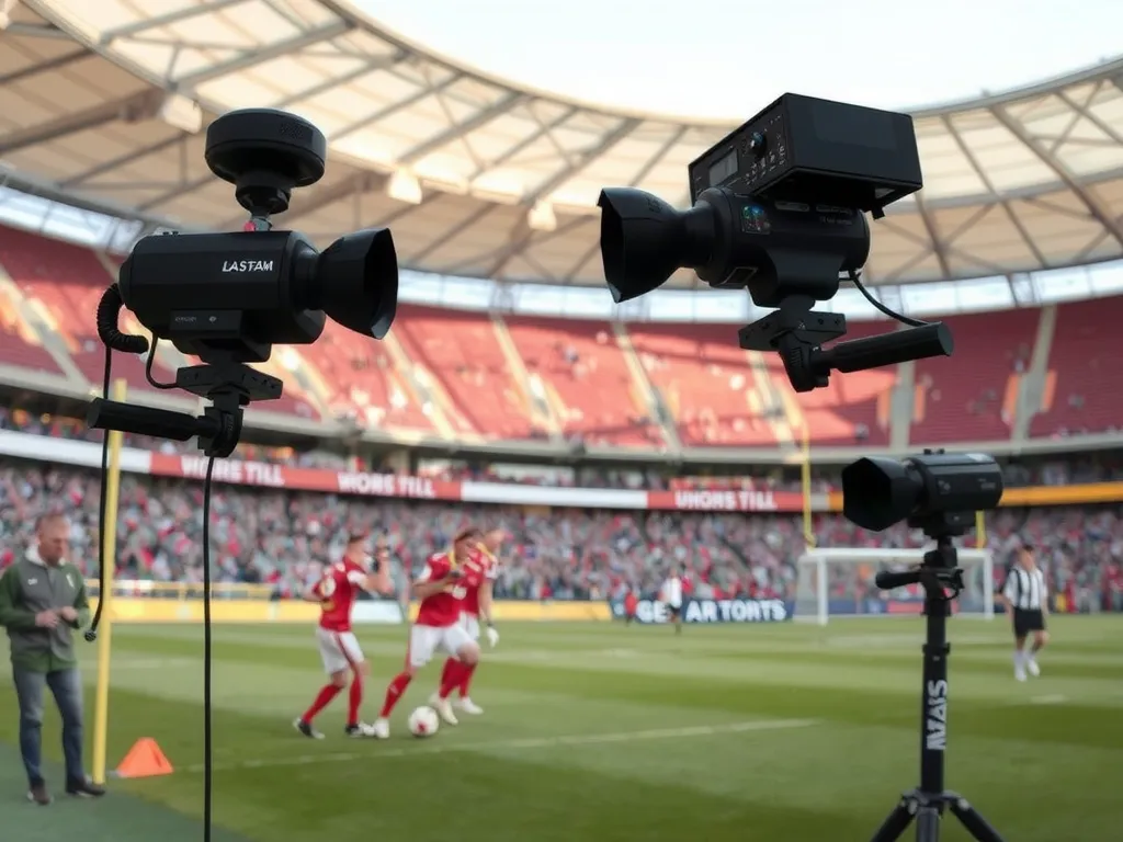 High-resolution cameras and sensors set in a football stadium, capturing player movements and dynamics