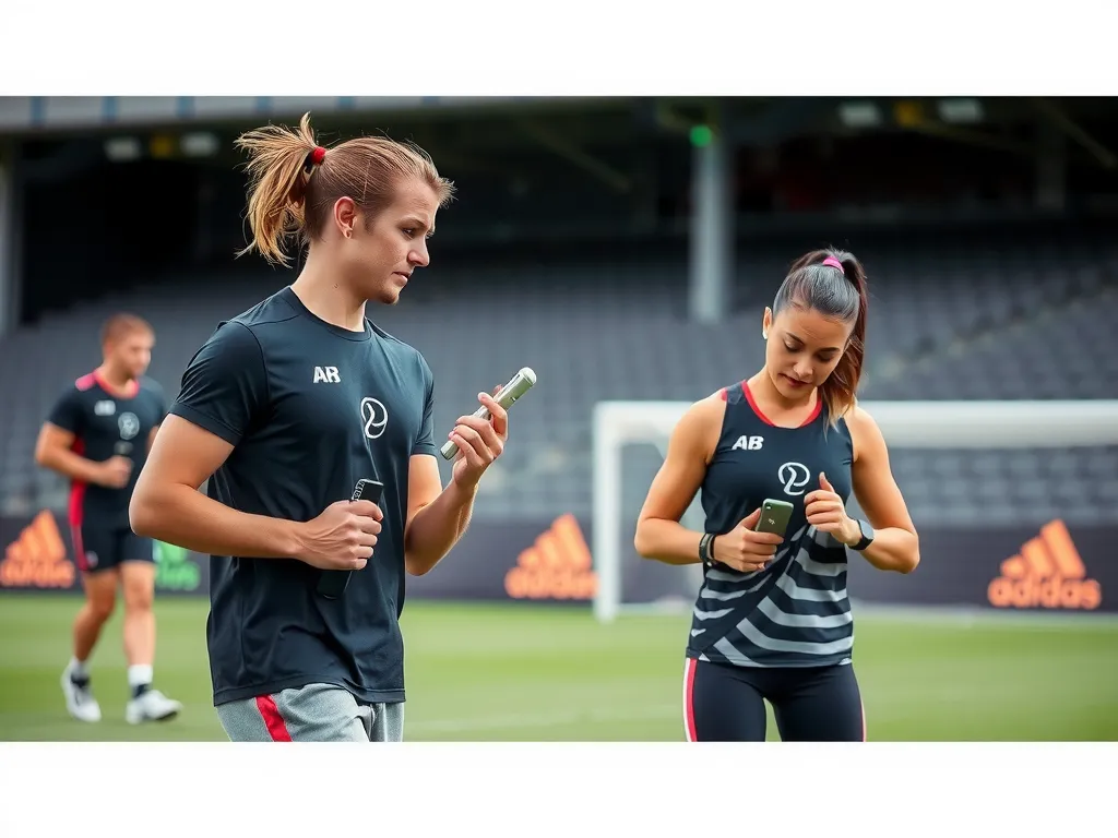 Trainings session with wearable AI devices on athletes, monitoring their physical stats and performance