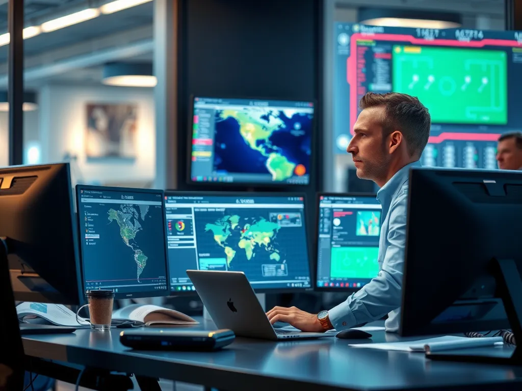 Data analysts in a modern office using computers and screens to analyze football match data, detailed, high quality, professional lighting