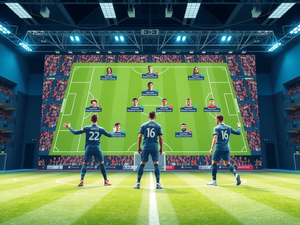 Digital twin simulation of a football team on a giant screen, showcasing virtual strategies and predictive analytics, professional, modern, high quality