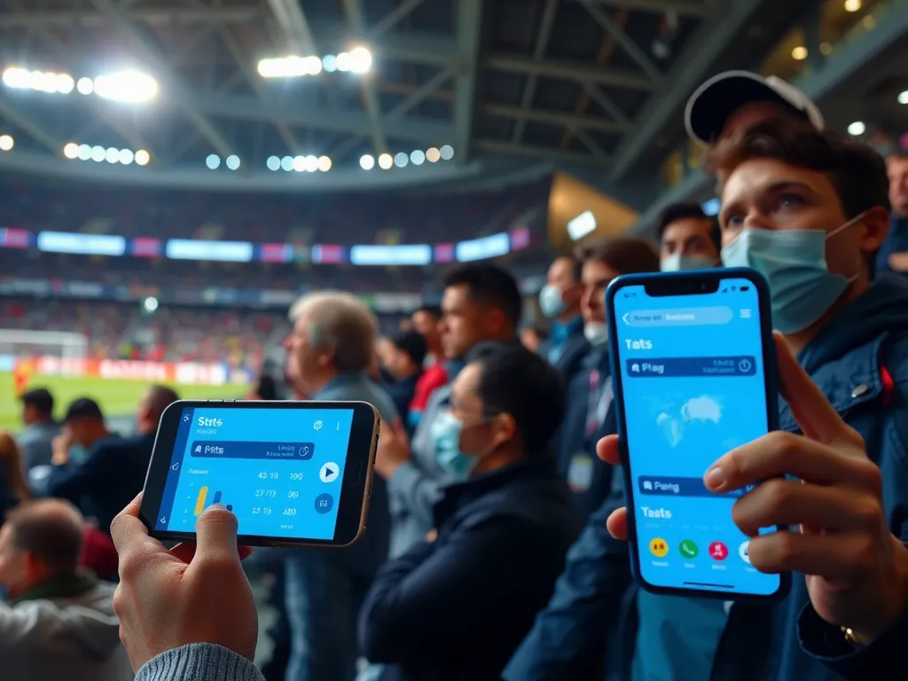 Fans using mobile devices for interactive experiences at a football match, showing real-time stats and augmented reality features, engaging, high quality