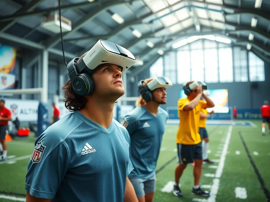 Football players training with VR headsets in a technologically advanced gym, immersive, high quality, photorealistic