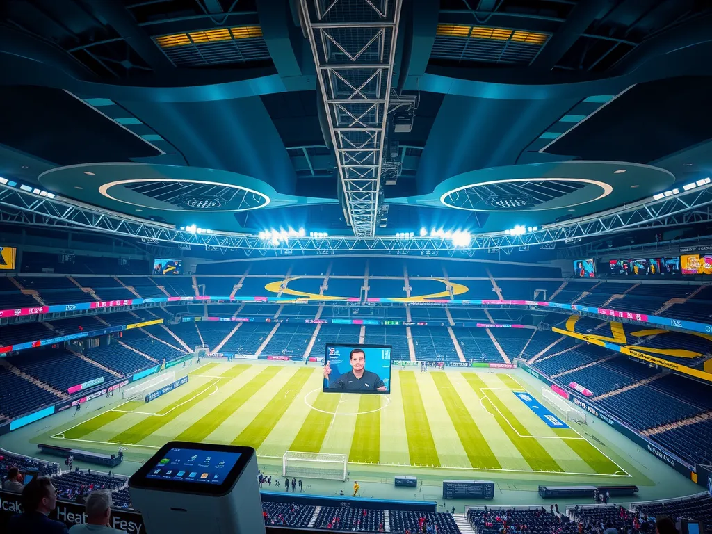A futuristic football stadium with bright digital displays and AI elements, showing advanced technology integration, high quality, professional photography style