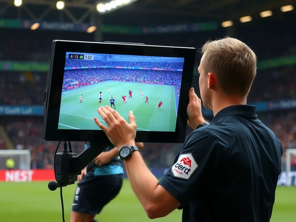 A referee checking a video monitor during a football match, semi-automated offside technology visible, high quality, realistic details