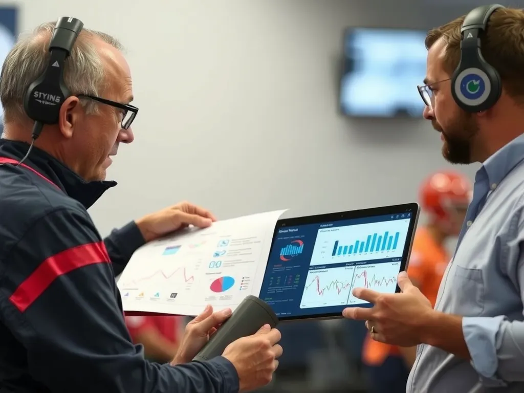 Close-up of a coach and analyst discussing strategies with a digital playbook filled with data visualizations and analytics