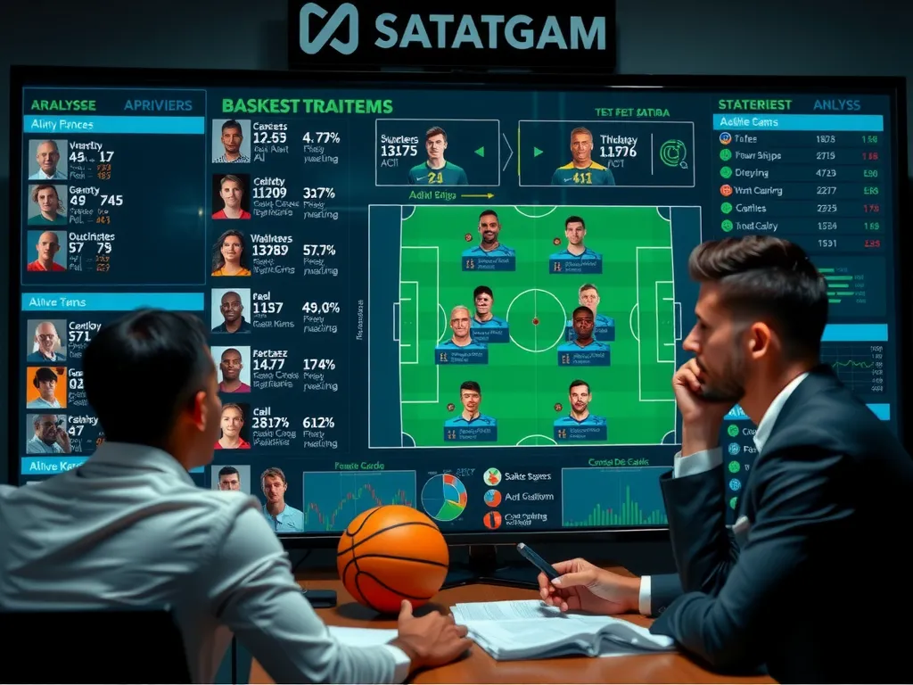 A professional sports team analyzing strategies on a digital board, focusing on football and basketball, with different datasets and player statistics, detailed, high quality, professional lighting