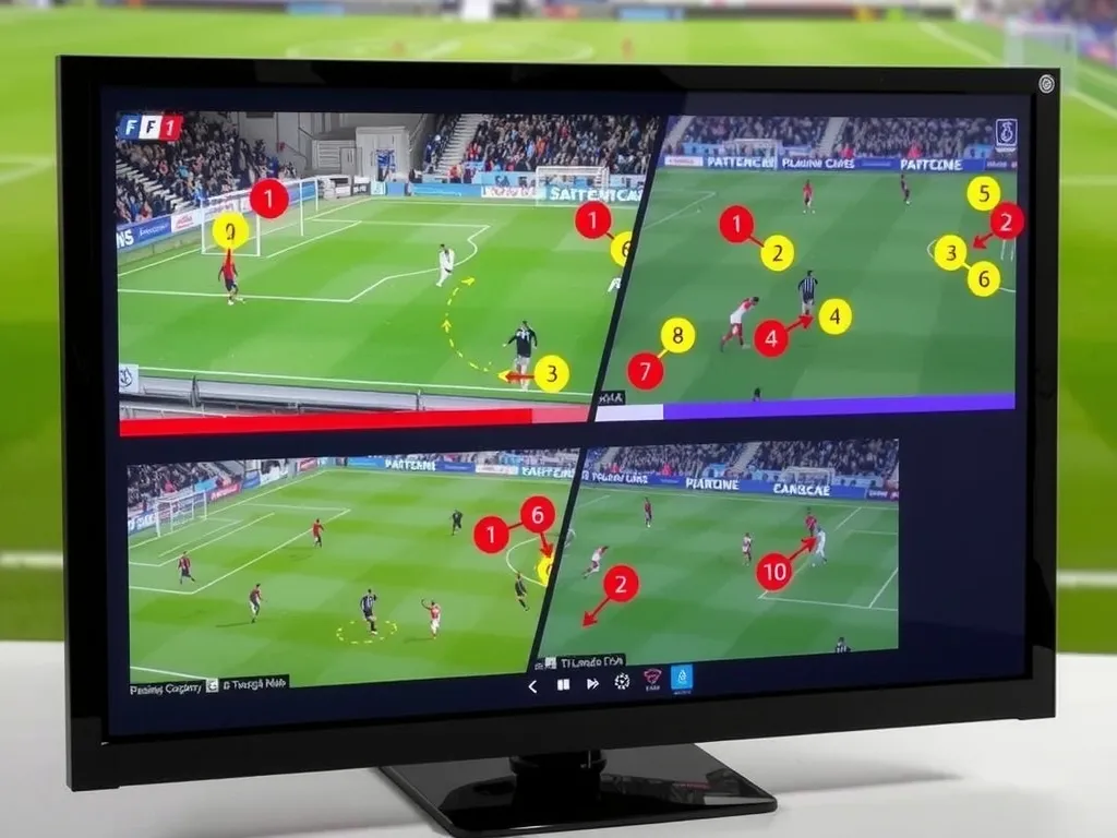 Advanced video analysis software interface showing clipped football match footage, with tags and annotations highlighting passing angles and player movements, professional, clear interface
