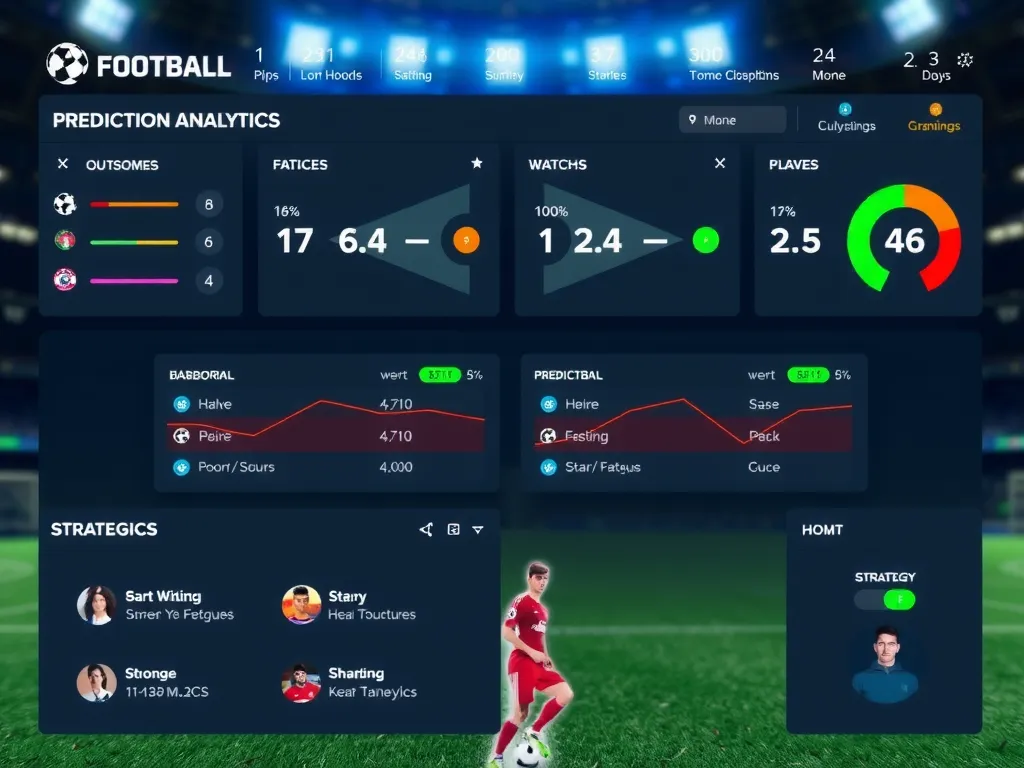AI-powered predictive analytics dashboard for football, showcasing predicted match outcomes, player fatigue levels, and strategic suggestions, futuristic style, sleek design