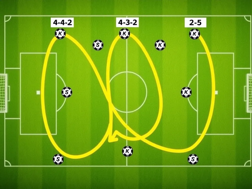 Detailed football tactical board with player positions, strategic arrows, and diagrams showing a 4-4-2 formation transitioning into a 2-3-5 attack, professional, detailed, photorealistic