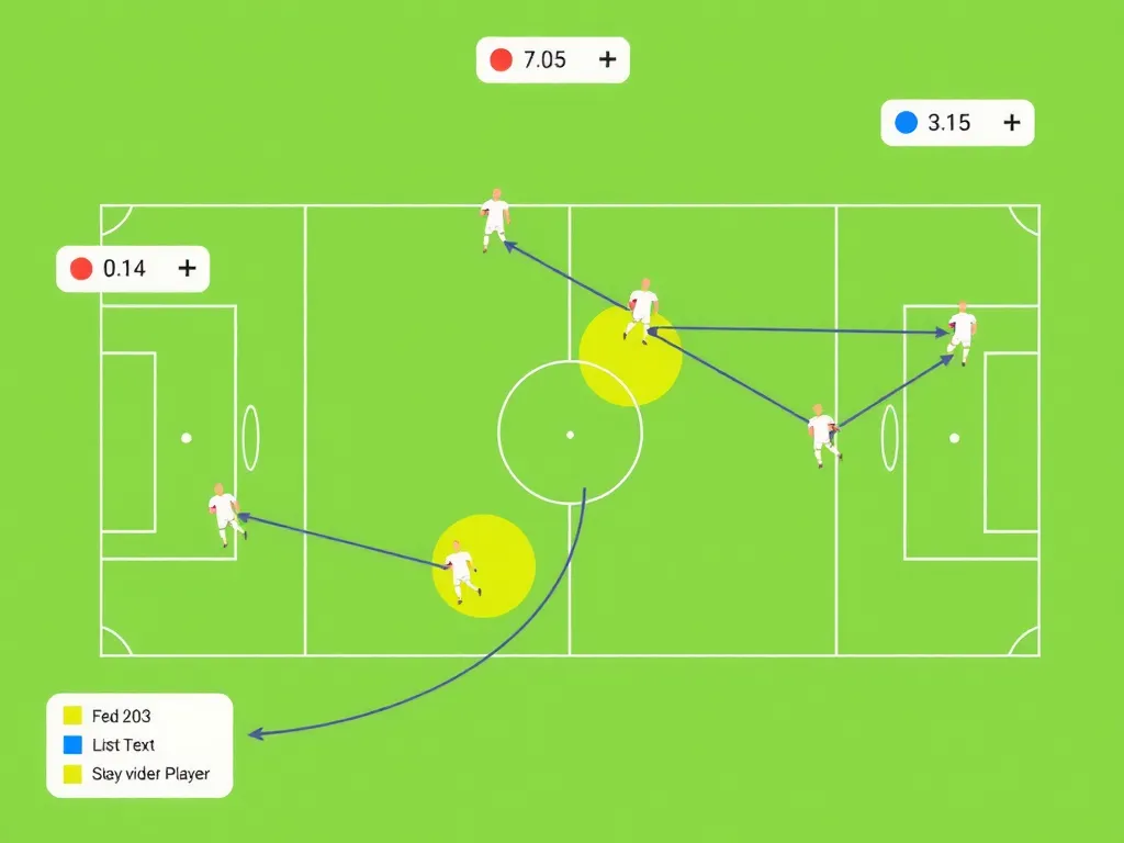 Illustration of a real-time player tracking system, displaying data on player speed, position, and movement trajectories on a football pitch, minimalistic design, clean layout