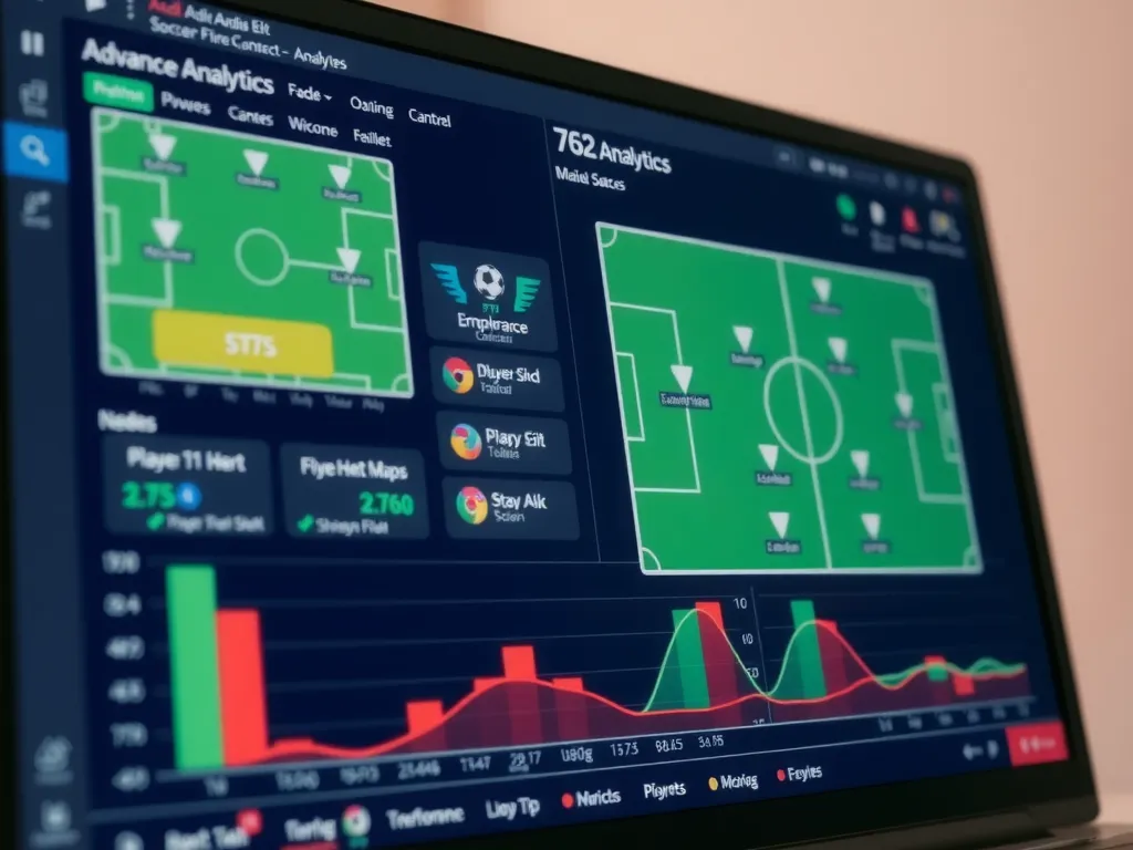 A close-up of advanced soccer analytics software on a computer screen, showing tactical diagrams and player heat maps, professional photography style, high detail.