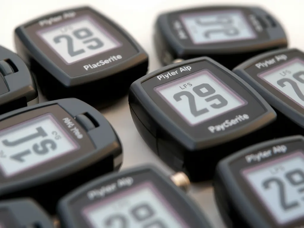 Close-up of GPS or LPS devices used to measure player movement and performance metrics, high quality, professional style