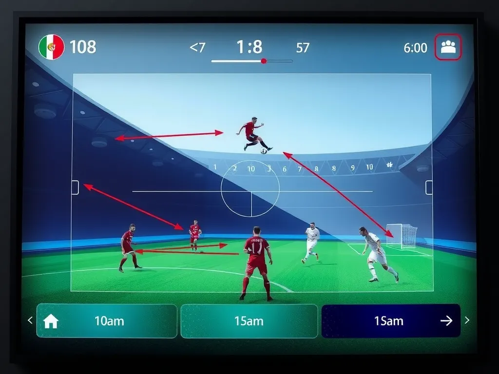 A digital interface of a tactical simulation software showing possible scenarios for a football match, innovative technology, creative angle