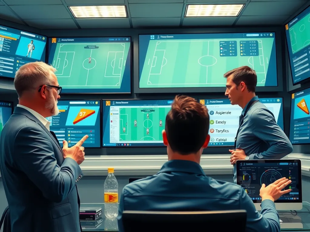 A dynamic scene of a soccer coach and team analysts in a modern, high-tech analysis room, examining large screens displaying soccer match data and tactics, detailed and photorealistic, professional lighting.