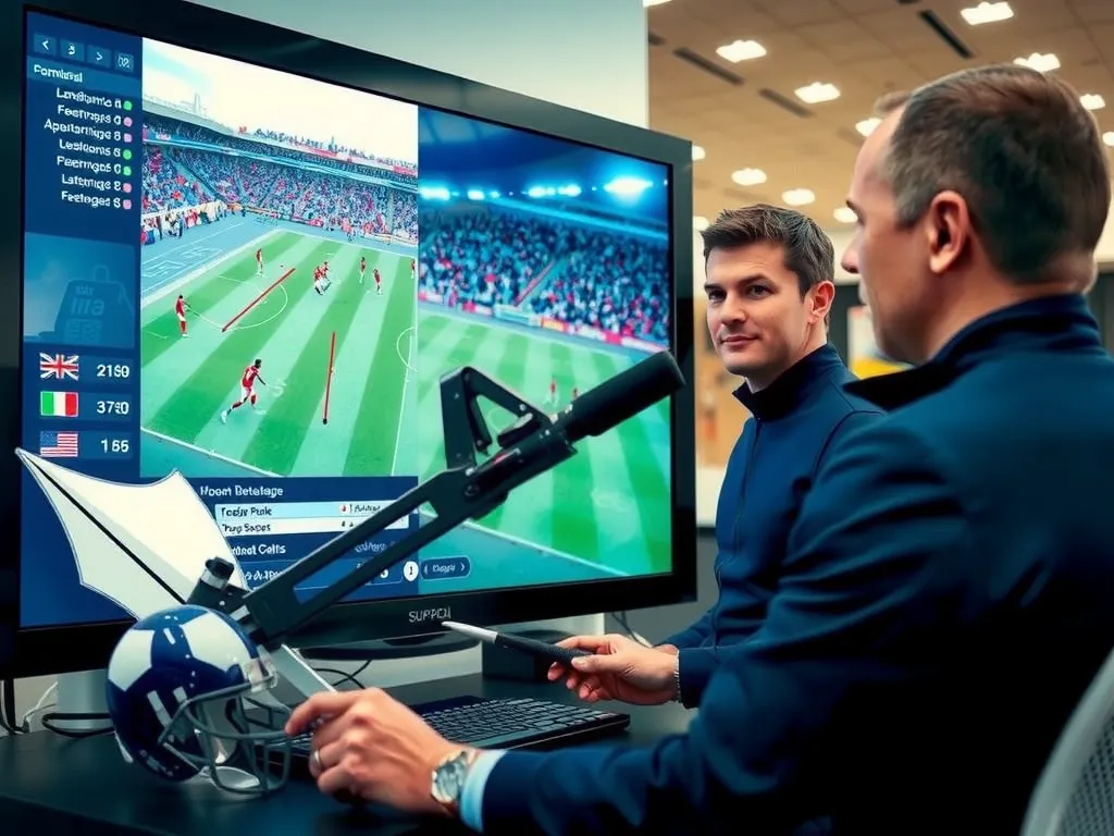 Football coach and analysts using advanced video analysis software on a large screen, showing tactical plays and movements, detailed, high-tech environment, dynamic lighting