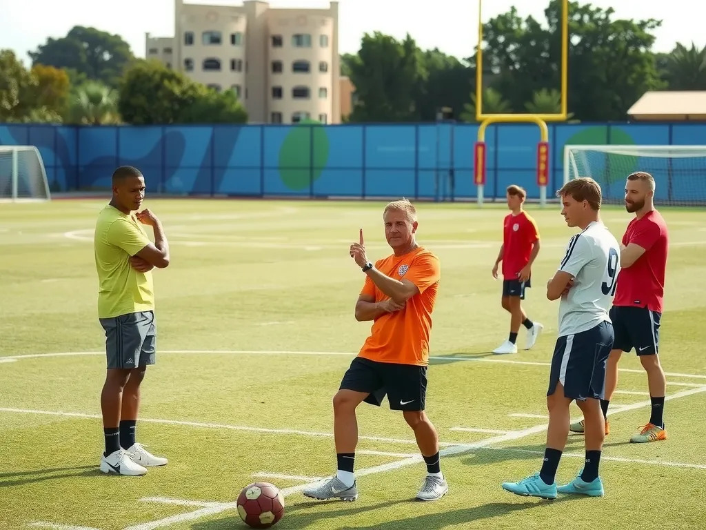 Football team training session on a field with analysts and coaches using data-driven training tools, natural lighting, dynamic scene