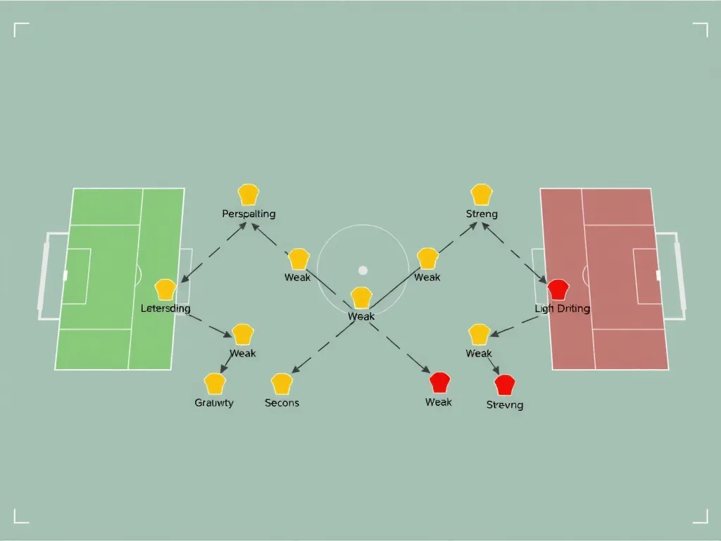 An illustration showing a balanced soccer tactical plan, highlighting weak and strong points through color-coded zones on the field, detailed, professional look.
